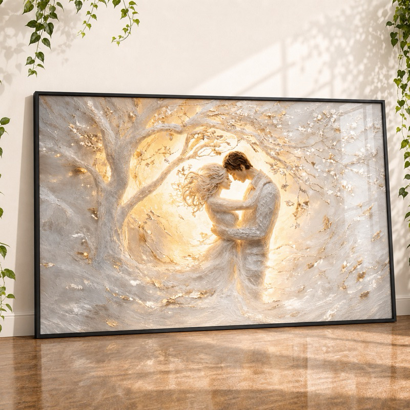 Quadro Decorativo 1 Peça Casal Romântico Branco Dourado Grande para Sala Quarto Moderno