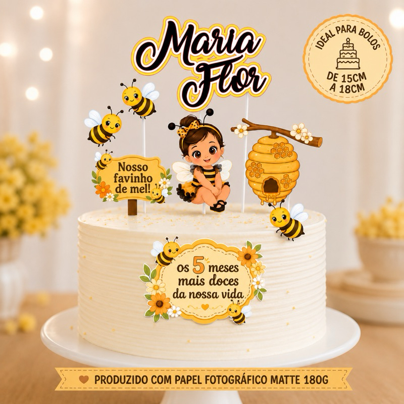 Topo de Bolo Favinho de Mel Menina Abelhinha Personalizado Festa Infantil