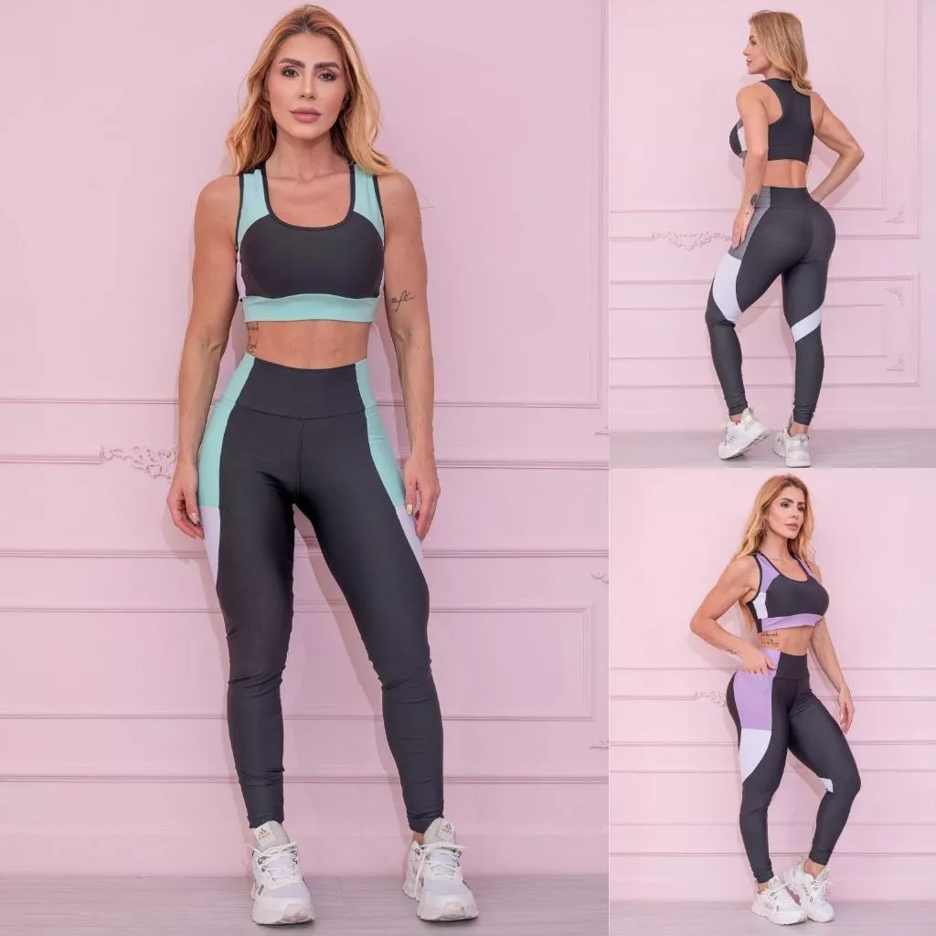 Conjunto Academia Feminino Calça Legging Cós Alto Cropped Sem Bojo Suplex Treino Recorte Colorido — imagem 1