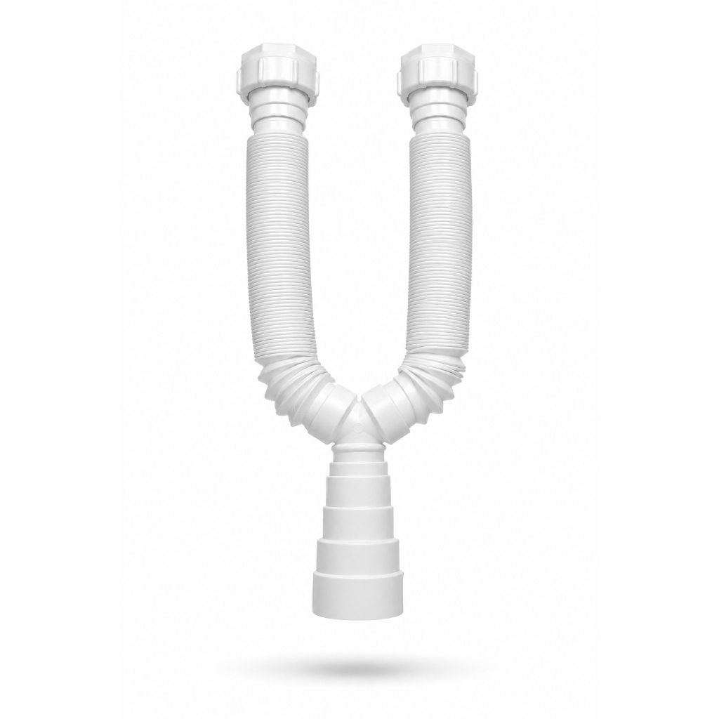 Sifão Duplo Tubo Sanfonado Flexível Extensivo Universal Para Cubas Duplas Pias Tanques Cozinha Lavatorio Branco (Cod183)