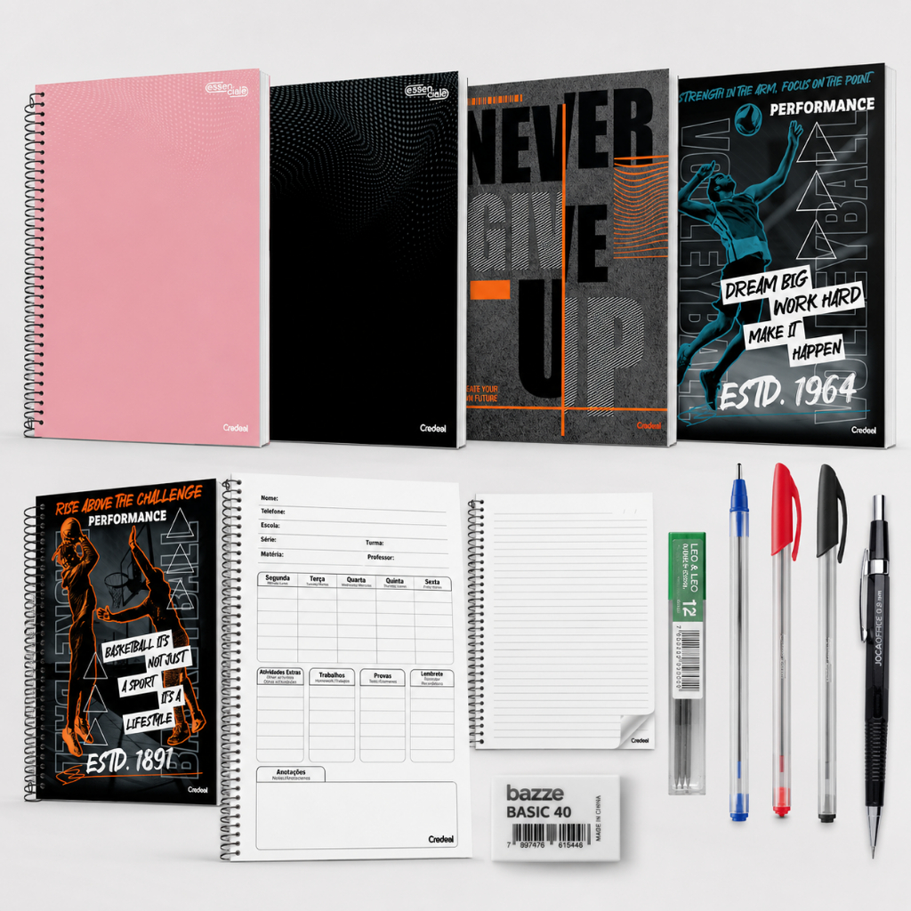 Material Escolar Universitário Caderno de 16 Matérias + Material Escolar Completo