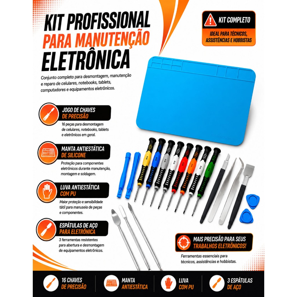 Ferramentas para Celular Notebook Eletrônica 16 Chaves Manta Par de Luvas e 3 Espátulas Completo
