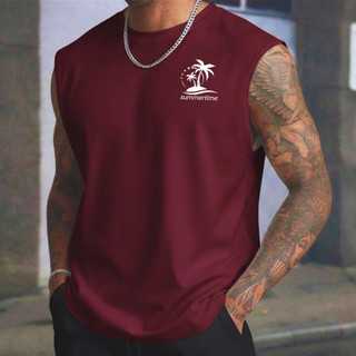 Regata Masculina Estilo Streetwear Verão Estampa SUMMERTIME Coqueiros Casual Moda Praia Academia/Look Despojado /Algodão