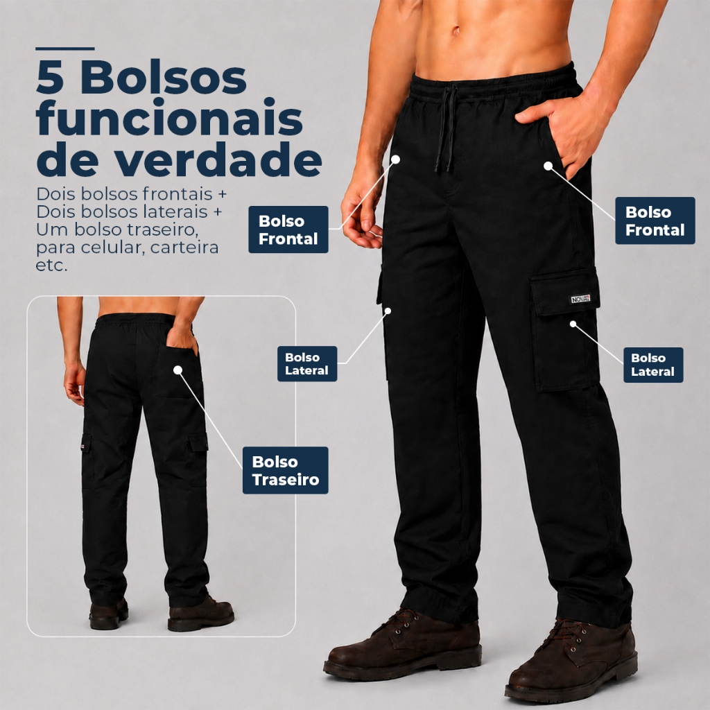 Calça Masculina Brim Sarja Cargo Elástico Cordão 5 Bolsos Uniforme Trabalho Mecânico Serviço Pesado — imagem 2 de 2