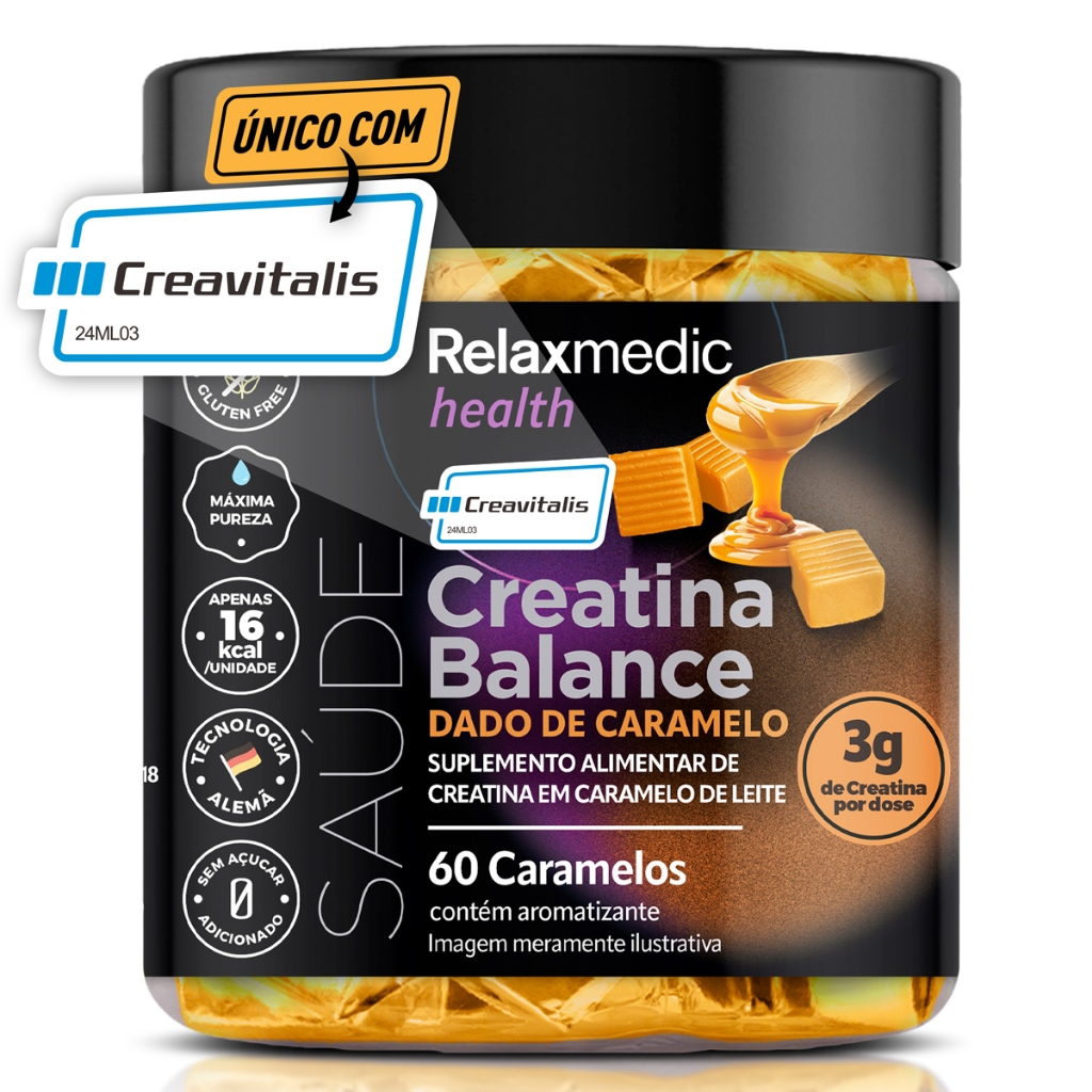 Creatina Dado Caramelo 100% Pura Alemã Creavitalis® - Micronizada - Alta Solubilidade - 60un Relaxmedic