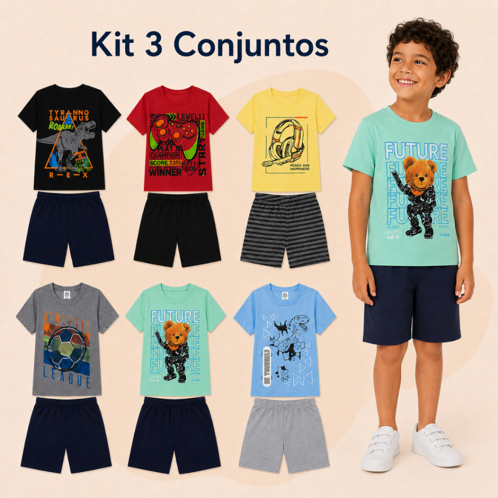 Kit 6 Peças Conjunto Infantil Menino camiseta e bermuda Sortido Roupa infantil Verão Roupa de Menino