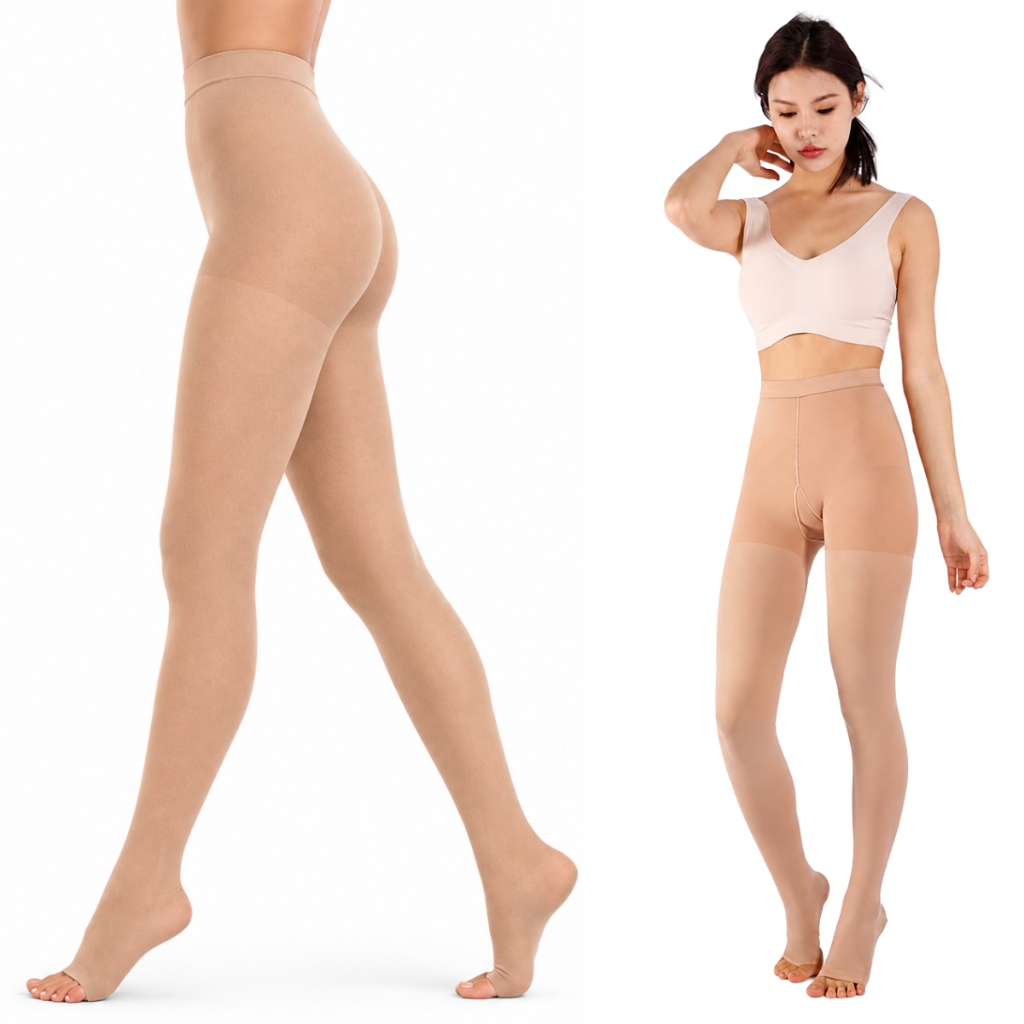 Meia Calça Alta Média Compressão 20-30mmhg Legging Bege Cor Pele Longa Viagem Varizes Coxa Panturrilha Ponteira Aberta