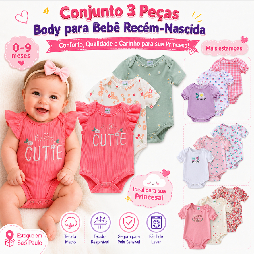 Kit 3 Body Bebê Menina Margarida Flor Suave Payifang 100% Algodão Canelado 0-9 Meses Frase Hello Cutie Manga Babado Conj