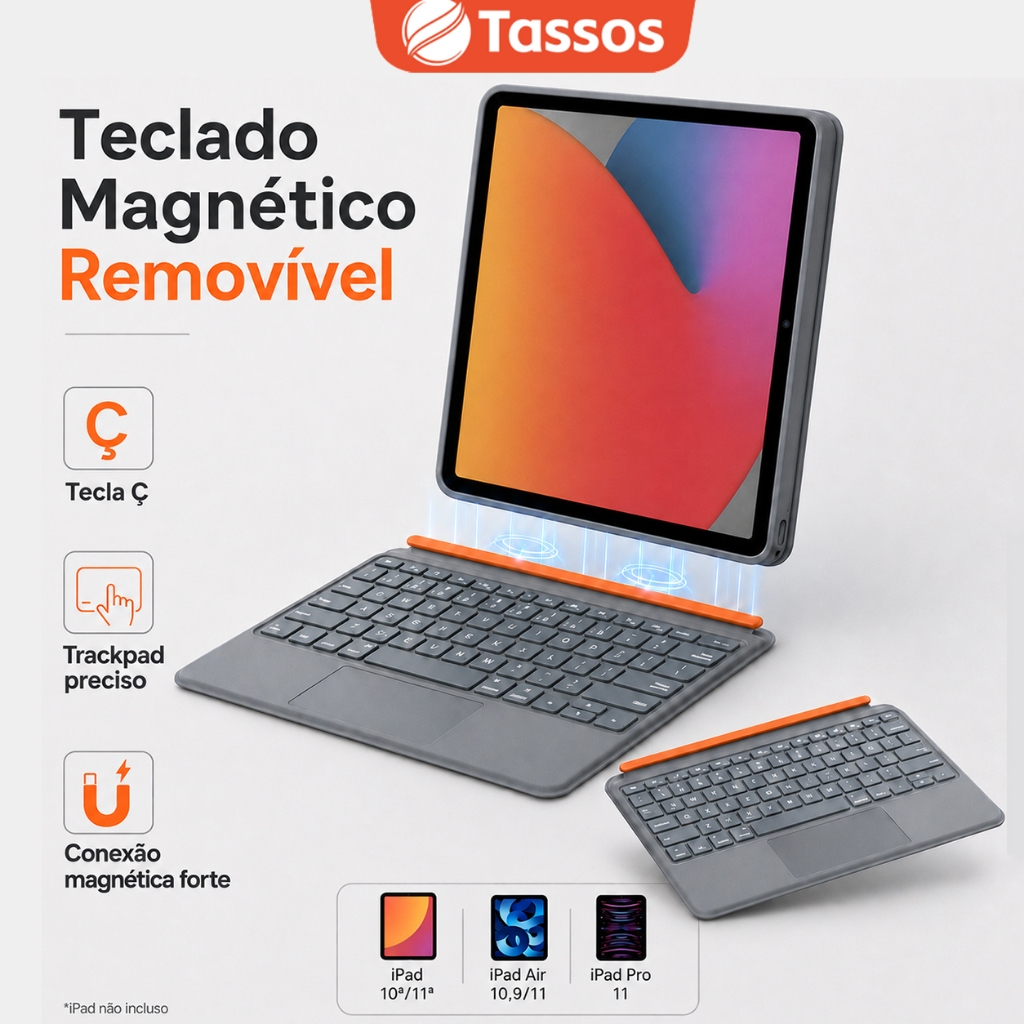 TASSOS Teclado Bluetooth para iPad Air 11 M3 M2 Capa Magnética Removível com Tou