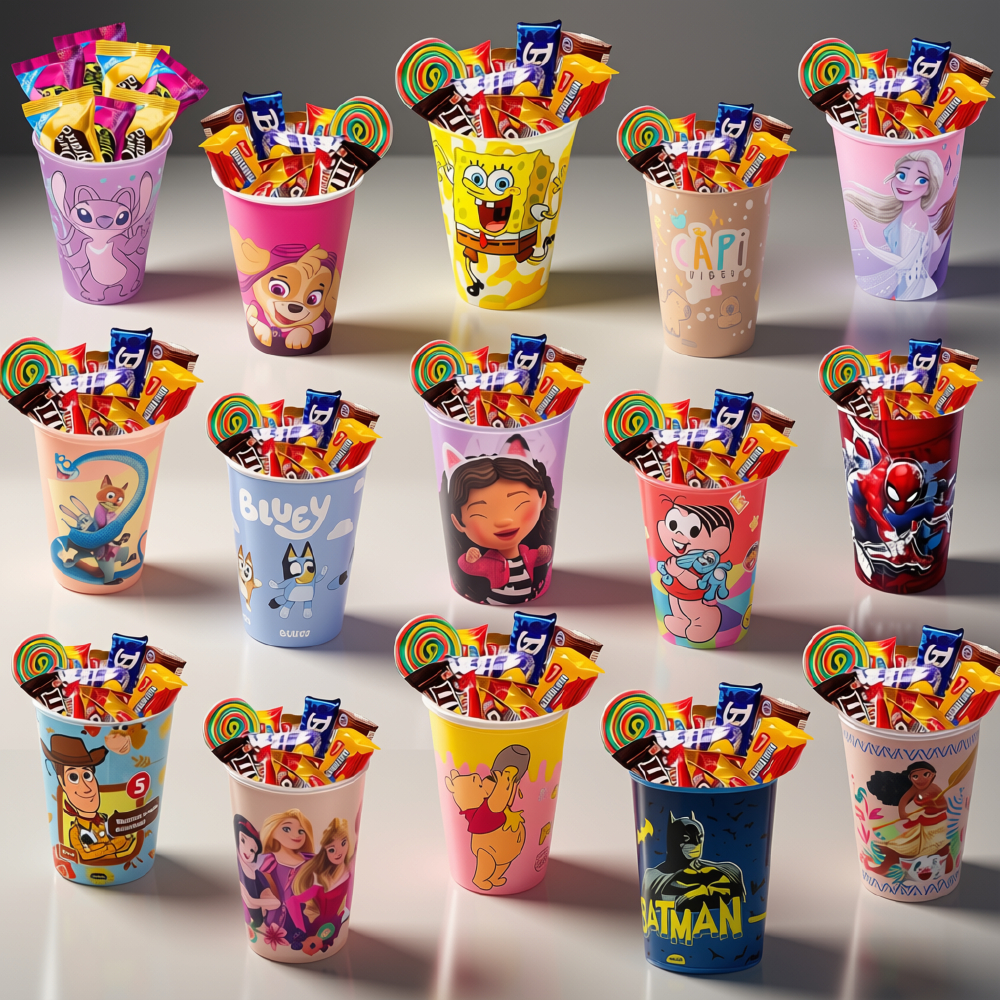 Kit Copos Stitch Patrulha Canina Bob Esponja Toy Story Gabby Bluey Zootopia Lembrancinha Aniversário