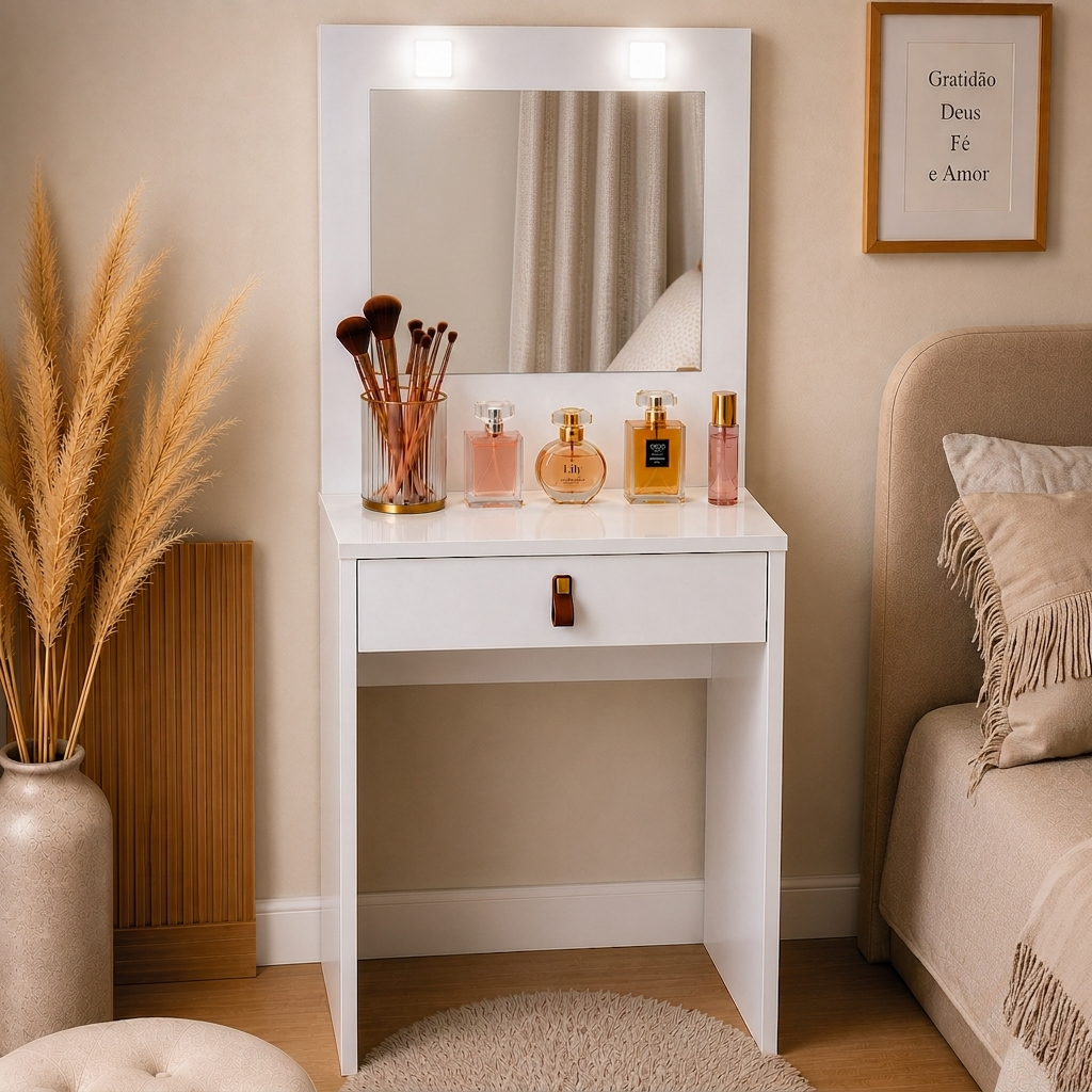 Penteadeira Camarim com Espelho LED Branco 60cm Gaveta Organizadora para Maquiagem Moderna