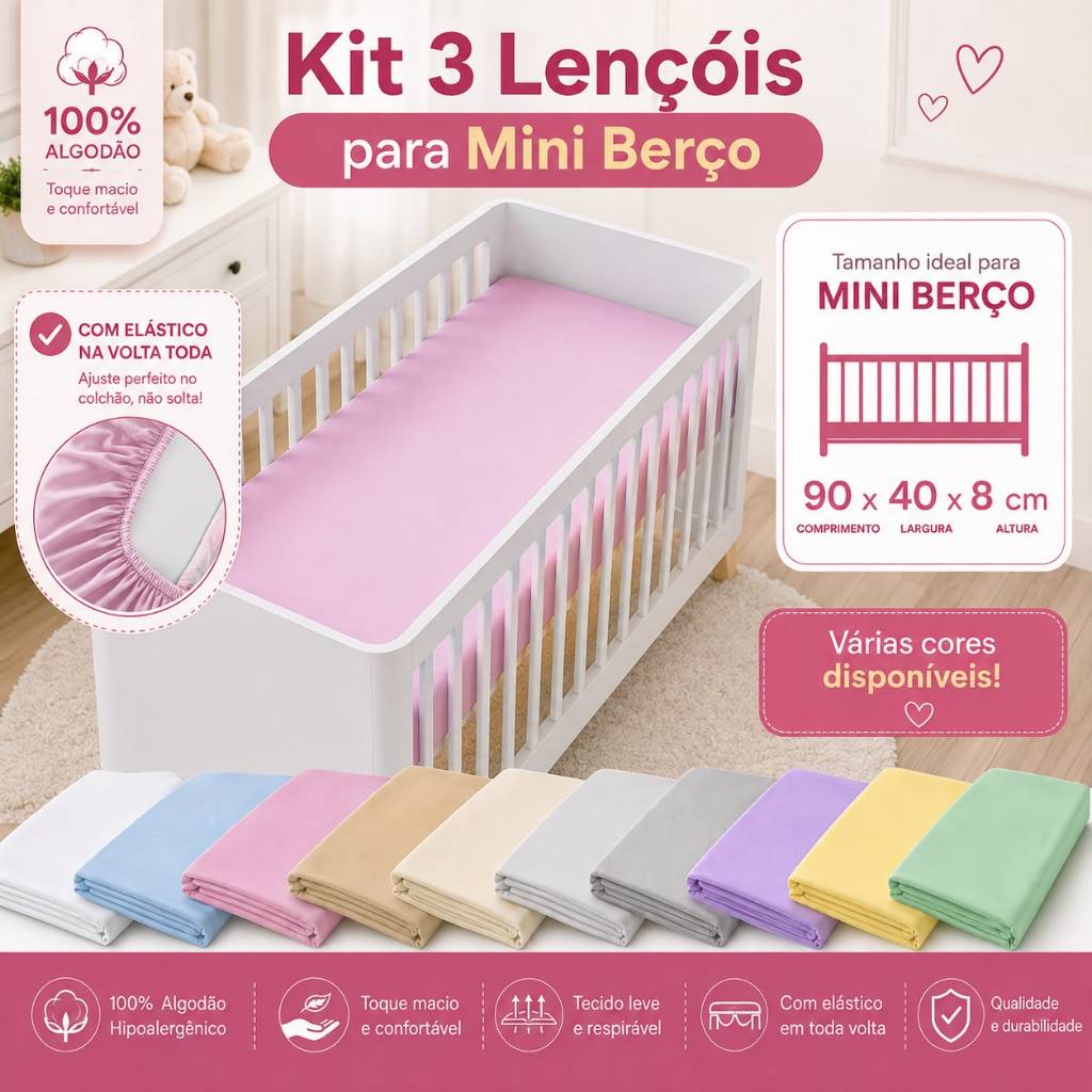 KIT 3 LENÇOL AVULSO DE ELÁSTICO PARA MINI BERÇO CORES VARIADAS 100% ALGODÃO