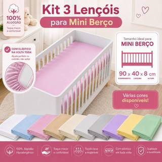KIT 3 LENÇOL AVULSO DE ELÁSTICO PARA MINI BERÇO CORES VARIADAS 100% ALGODÃO