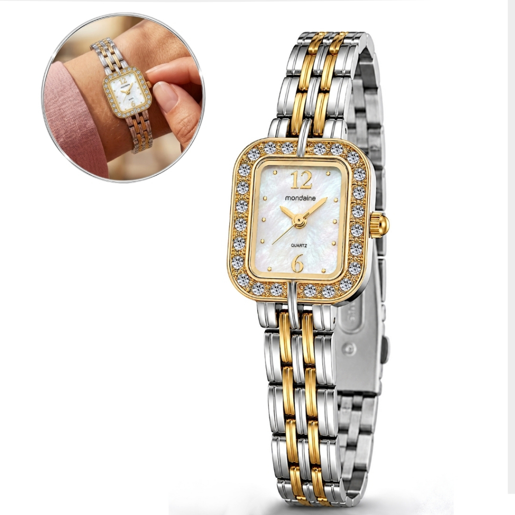 Relógio Mondaine Feminino Bicolor Dourado Prata Mini Pequeno Retangular Aço Inox Delicado Fino Luxo Delicado Original