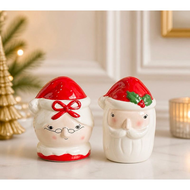 KIT 2 Peças Saleiro e Pimenteiro de Natal Mamãe Noel e Papai Noel em Porcelana Porta Condimentos
