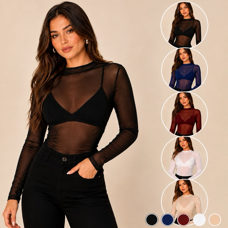 Blusa Tule Transparente Feminina Manga Longa Segunda Pele Básica Preta Branca Off White Azul Marinho Vinho