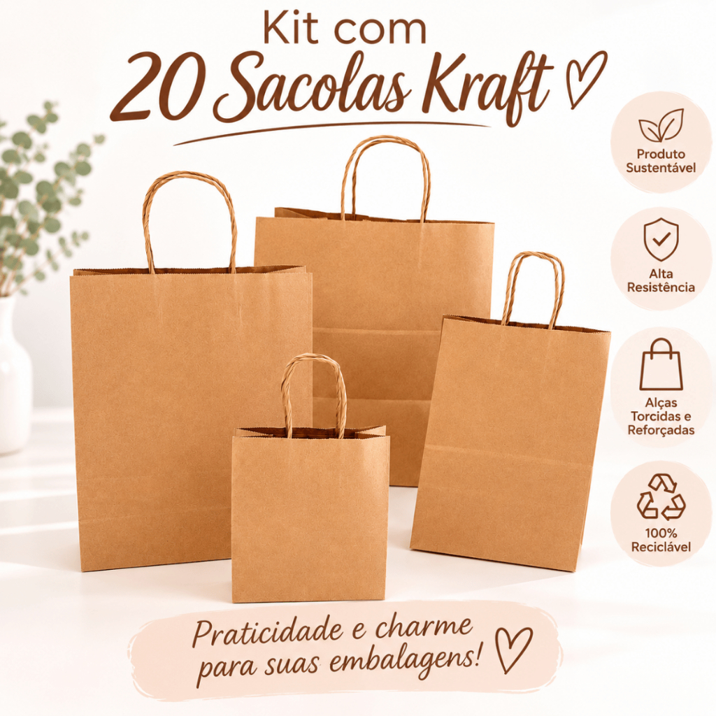 Sacola de Papel Kraft 20 unidades Tamanho PP P M G para Lembrancinhas e Presente