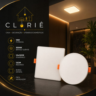 Painel Plafon Borda Infinita 18W 12Cm Embutir E Sobrepor 2 Em 1 Redondo Quadrado Branco Quente 3500K