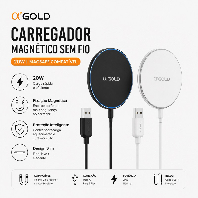 Carregador Magnético Sem Fio 20W α’GOLD PLUS | Indução Qi + MagSafe | BTE-52