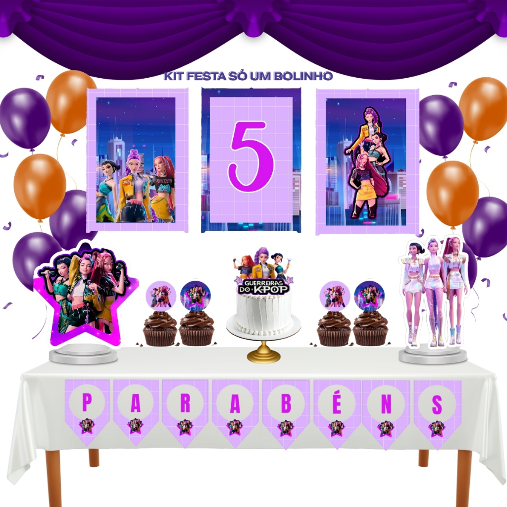 Kit Festa “Só um Bolinho” Personalizado Guerreiras K-Pop  lembrancinha aniversario alta qualidade desmontado