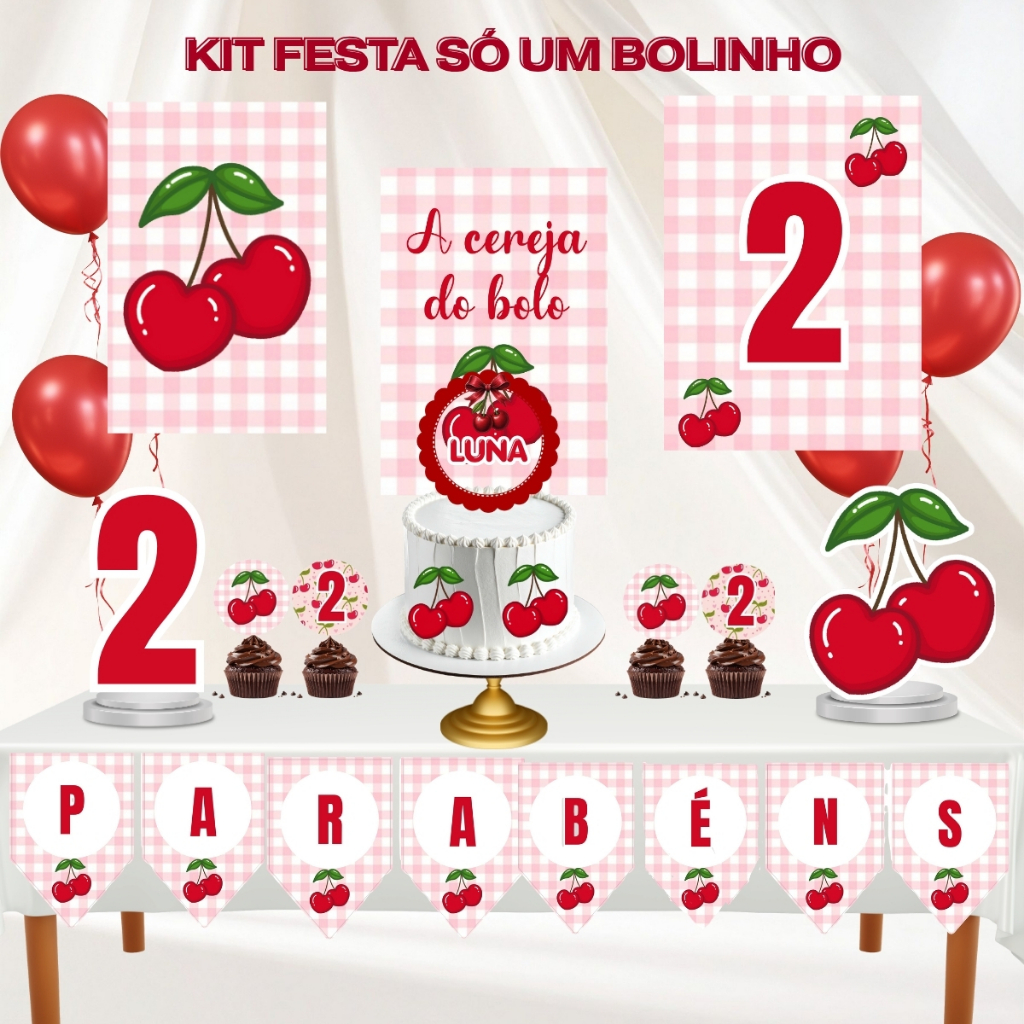 Kit Festa “Só um Bolinho” Personalizado Cereja lembrancinha aniversario alta qualidade desmontado