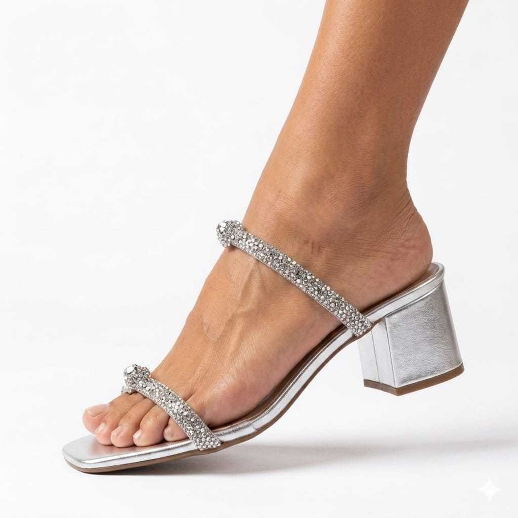 Sandália Feminina de Couro Legítimo com Nó de Strass – Salto Bloco 5,5 cm Elegante e Sofisticado Confortável Festa