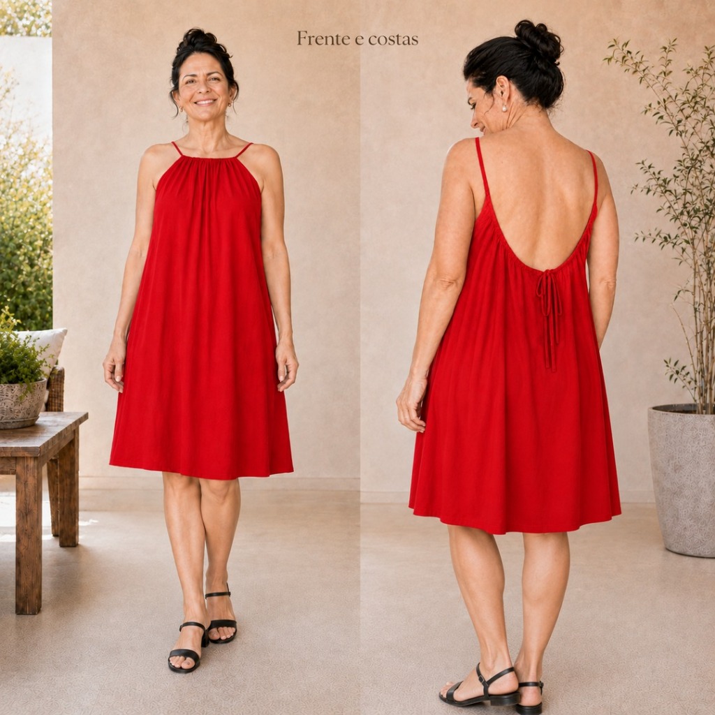 Vestido Feminino Soltinho Alça Fina Decote nas Costas com Amarração Casual Verão Estampado e Liso