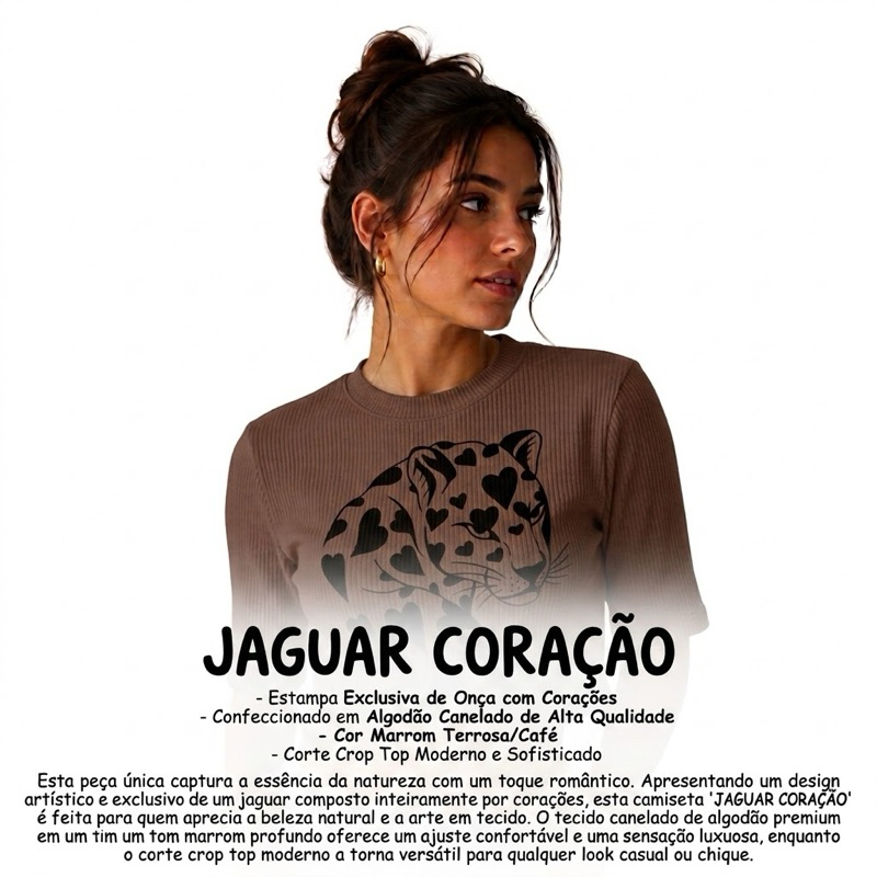 Blusa Cropped Feminina Canelada Estampa Onça Coração Ribana Manga Curta - Marrom e Branco
