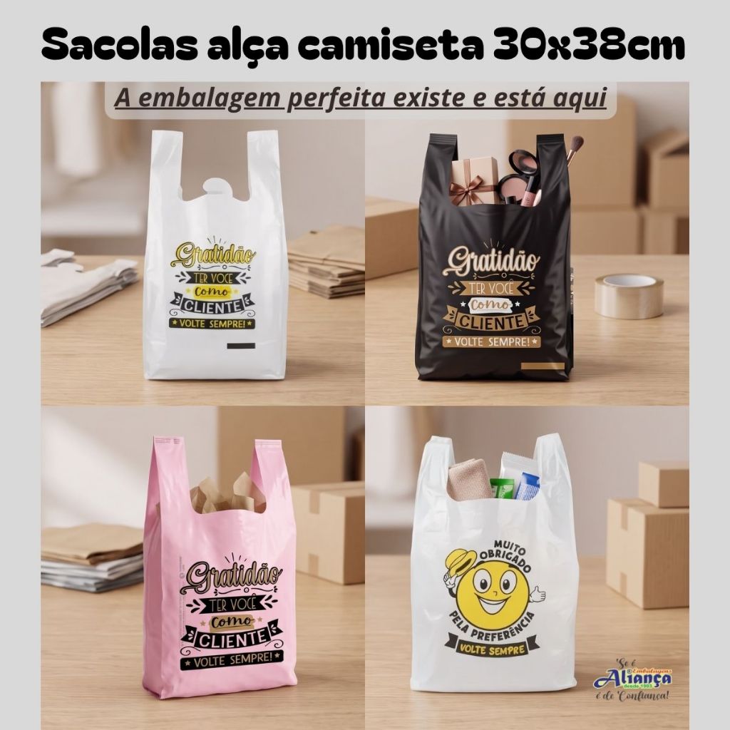 Sacola Volte Sempre ou Gratidão 29x37cm Embalagem plastica sacola alça camiseta pequena por R$ 22,99