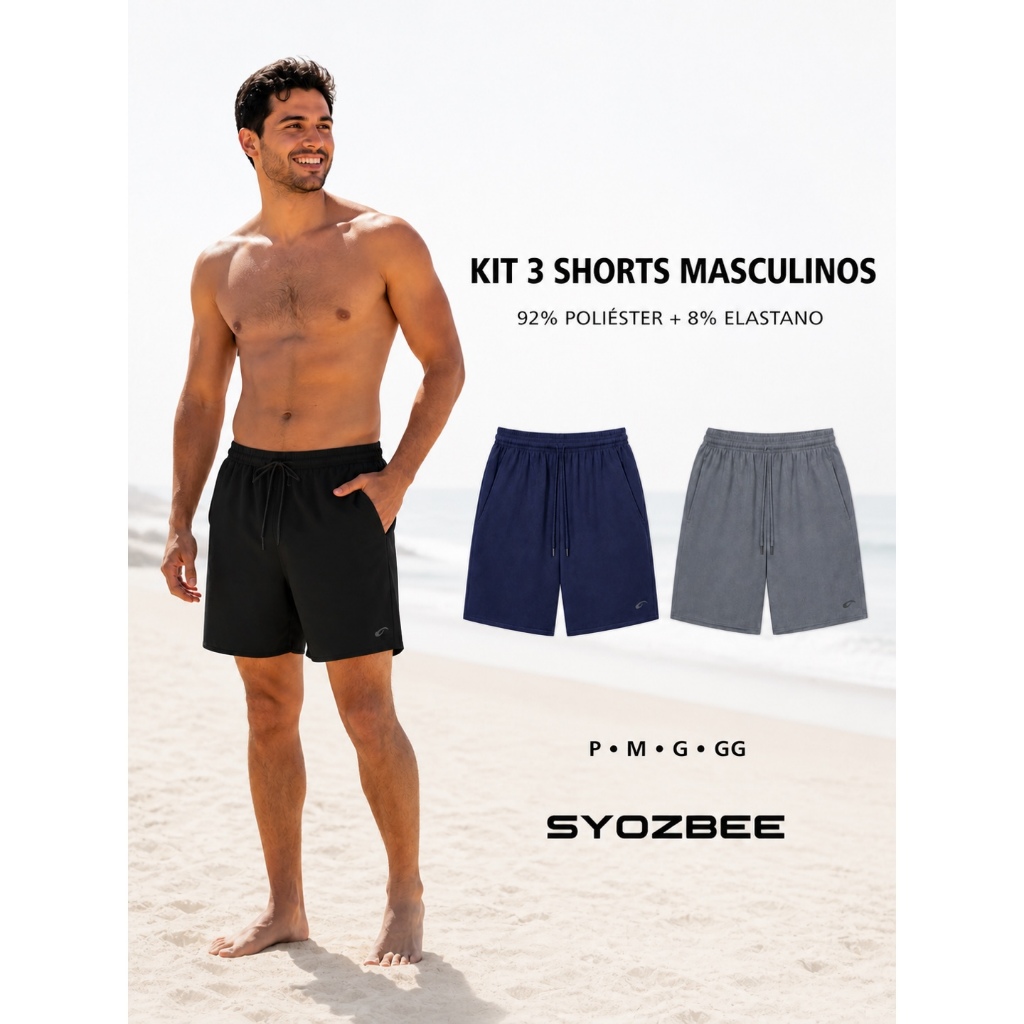 Kit 3 Shorts Bermuda Masculina Tactel com Elastano Bolsos P ao GG Syozbee