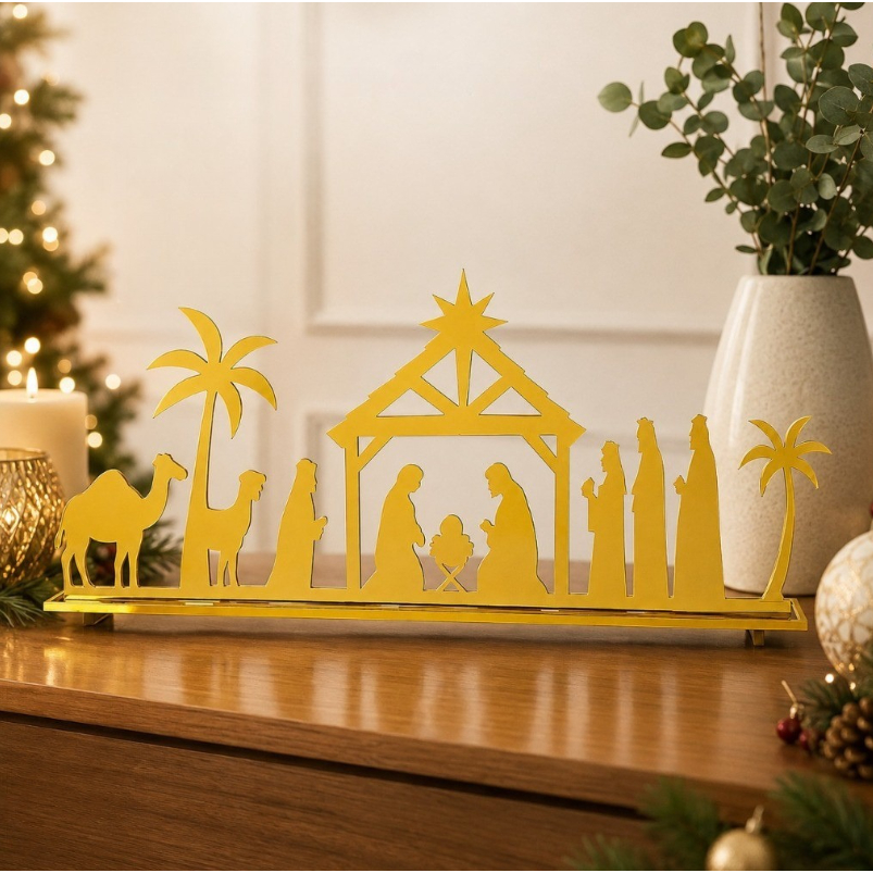 Presépio Acrílico Dourado Espelhado Decoração Natalina Sagrada Completo