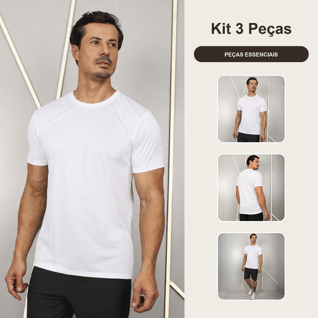 Kit 3 Camisetas Masculinas Poliamida Dry Fit Respirável Manga Curta Academia Corrida Treino Performance