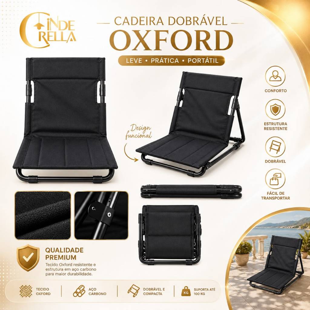 Cadeira Dobrável Portátil Oxford Preta Encosto de Chão para Praia Camping Pesca Piscina