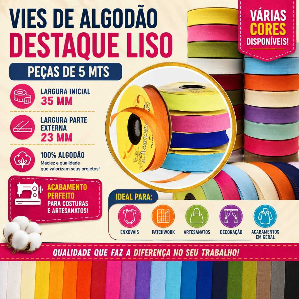 Viés Destaque liso (peça de 5 metros) de Algodão 35mm Largo - 24mm Estreito (unidades de 5 metros).