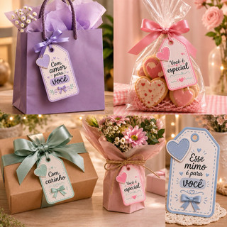 Kit 60 Tags para Presente 4 Modelos Diferentes | Etiqueta Delicada para Embalagens | Tag 4x7cm