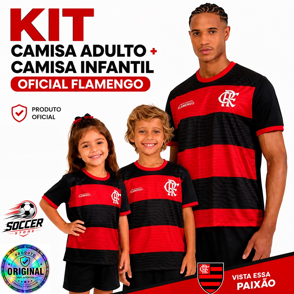 Camisa do Flamengo Adulto + Infantil Juvenil Unissex Kit Original Oficial Presente Criança Torcedor