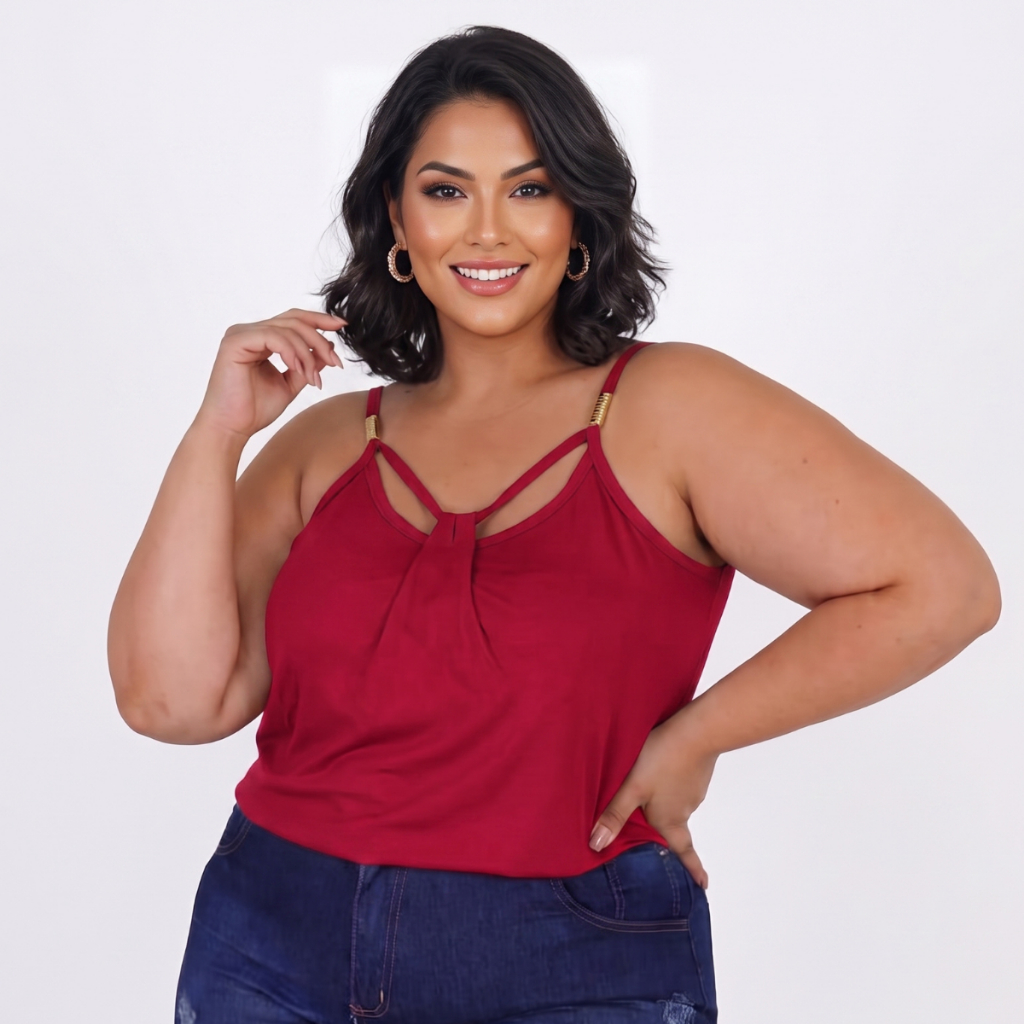 Blusinha Blusa Feminina Plus Size Soltinha Regata Alça Com Detalhe dourado Decote V Modinha