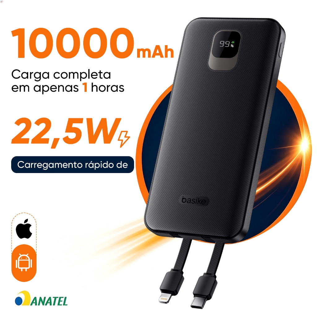 Basike Power Bank 10000mAh 22.5W Carregamento rápido com Cabo Embutido Visor Digital para Android e iPhone
