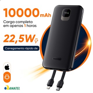 Basike Power Bank 10000mAh 22.5W Carregamento rápido com Cabo Embutido Visor Digital para Android e iPhone
