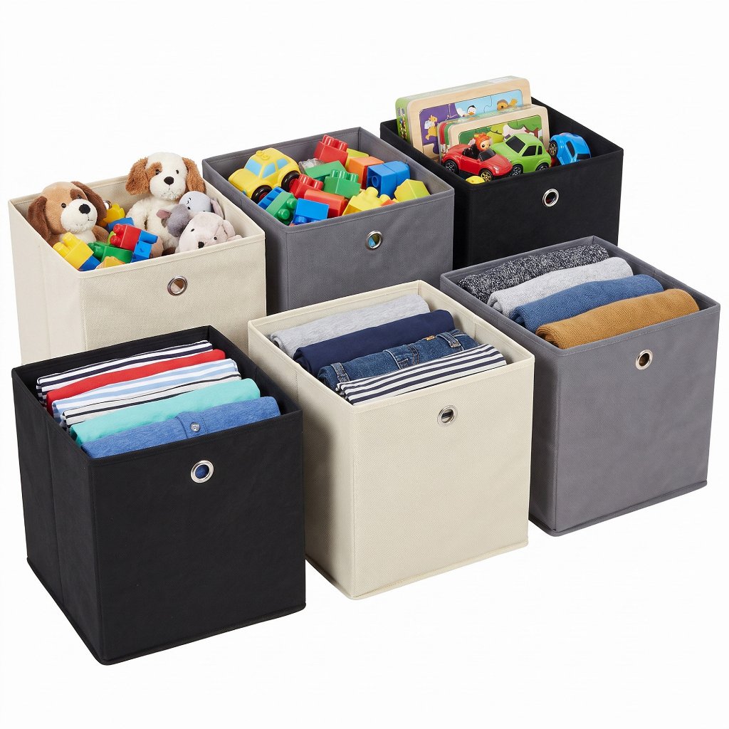 SONGMICS Caixas Organizadoras Conjunto de 6 Dobráveis em TNT com Alça 30 x 30 x 30 cm Cinza, Preto e Bege