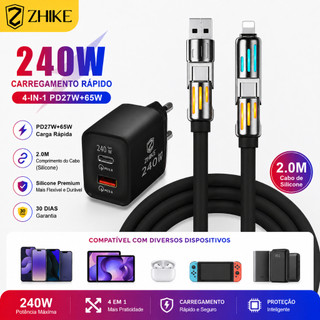 Cabo Carregador Carregamento Rápido Redondo 4 em 1 USB Tipo C Para Tipo C iP Silicone 2.0M Com Adaptador GaN