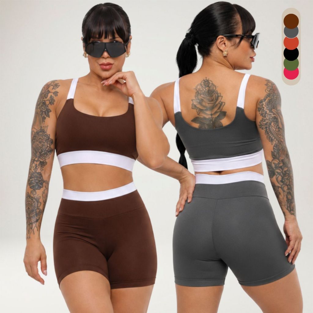 Conjunto Fitness Feminino Short Cintura Alta e Top com Bojo Academia Treino Corrida
