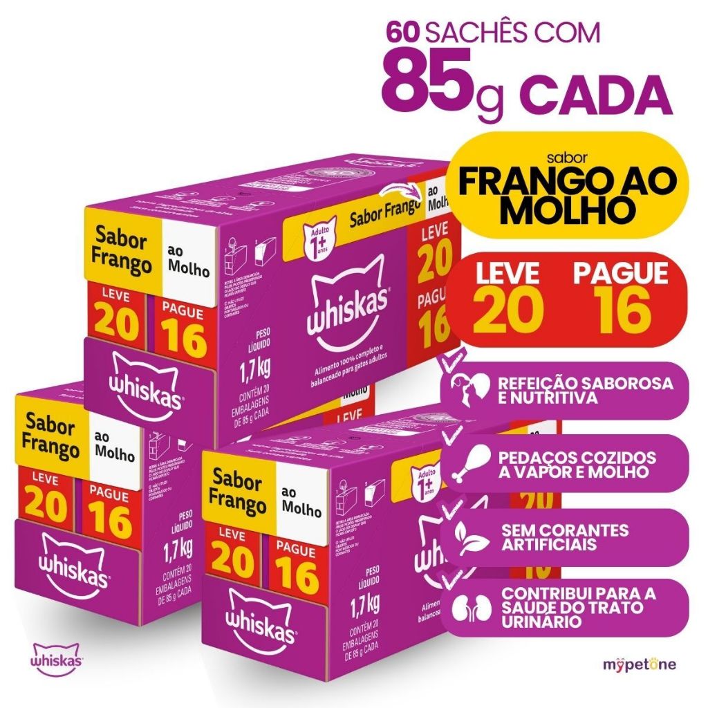 Kit 3 Caixa Ração Úmida 85 g Sachê Frango ao Molho para Gatos Adultos Whiskas - Pague 48 Leve 60