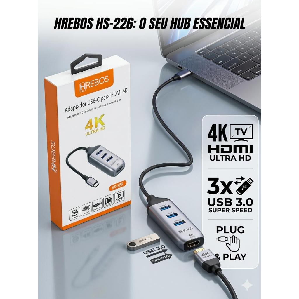 Hub Adaptador USB-C Para HDMI 4K E USB 3.0 Hrebos HS-226