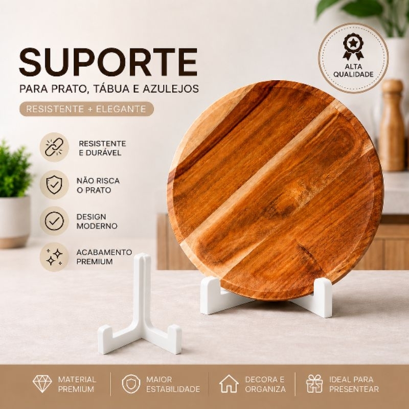 Suporte para Prato Decorativo Base Expositora Minimalista Branco Porta Pratos, Quadros e Azulejos