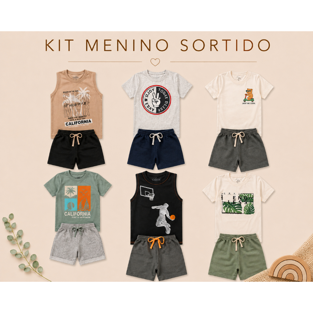 KIT SORTIDO 6 PEÇAS DE ROUPA INFANTIL MENINO 3 CONJUNTO DE VERÃO 3 CAMISETAS 3 BERMUDAS
