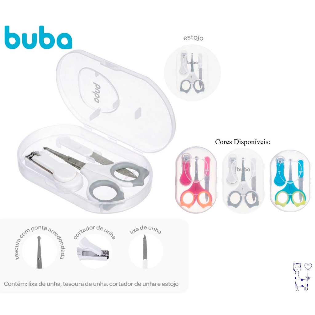 Kit Manicure Bebê Buba com Estojo Tesoura, Cortador e Lixa Higiene Infantil Recém-Nascido