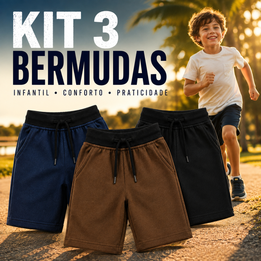Kit 3 Bermuda Infantil de Menino Shorts Moletom para Criança Lindas Cores Promoção