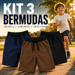 Kit 3 Bermuda Infantil de Menino Shorts Moletom para Criança Lindas Cores Promoção