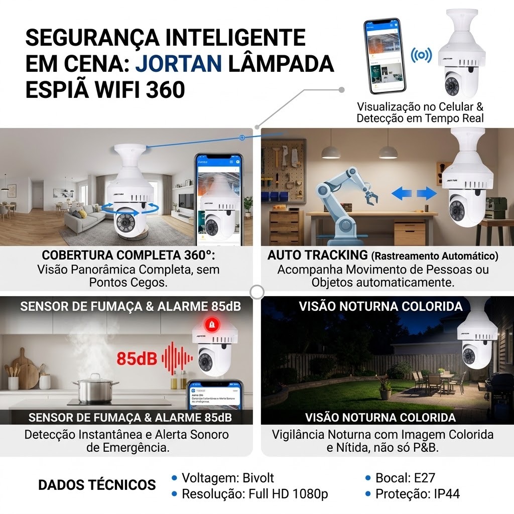 Câmera Lâmpada Espiã Wifi 360 Full HD Jortan Auto Tracking Sensor Fumaça Visão Noturna Segurança Inteligente
